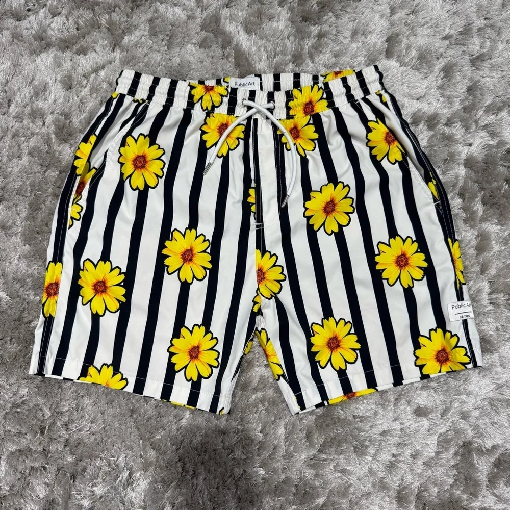 PUBLIC ART WALLFLOWER PATTERNED BOARD SHORTS IN WHITE